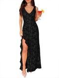 ANRABESS Womens Sexy V Neck Sleeveless Wedding Guest Dresses Spring Mesh Bodycon High Slit Ruffle Hem Cocktail Maxi Dress
