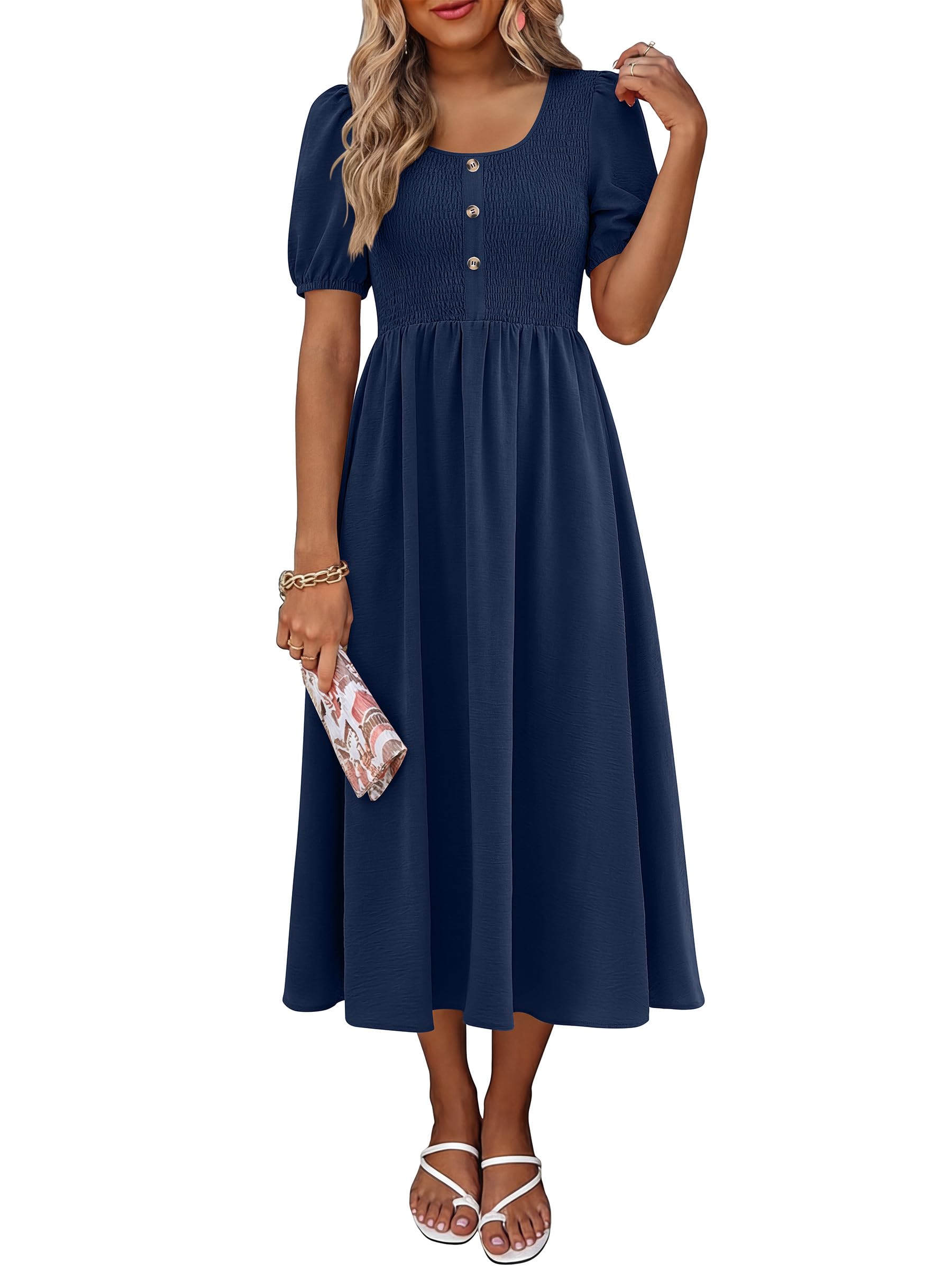 ANRABESS Womens Summer Short Sleeve Scoop Neck Midi Dress with Pockets
