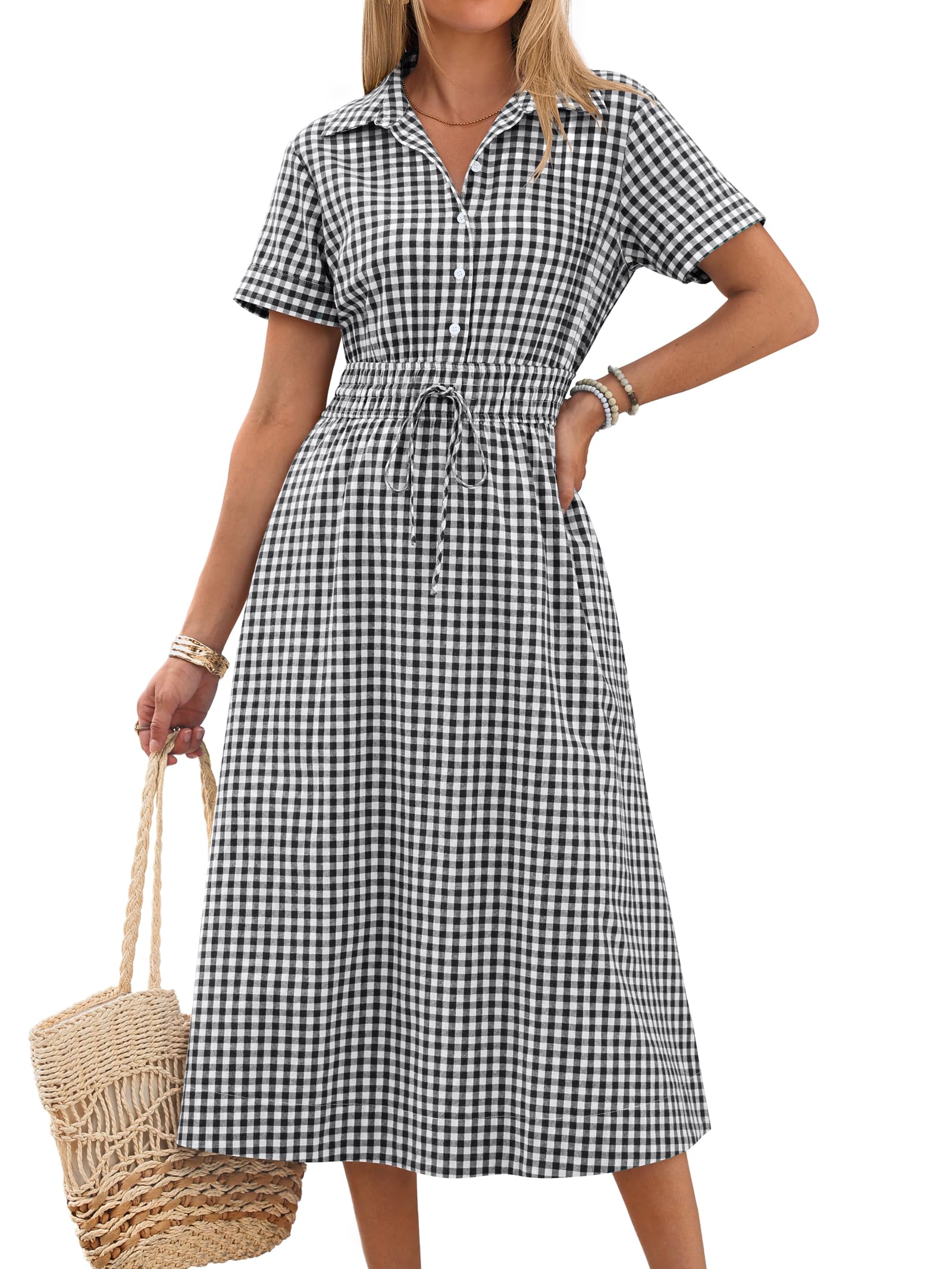 ANRABESS Women Summer Short Sleeve Midi Dress, Striped & Gingham, Casual A-Line Button Collar Shirt Dress, Beach & Vacation